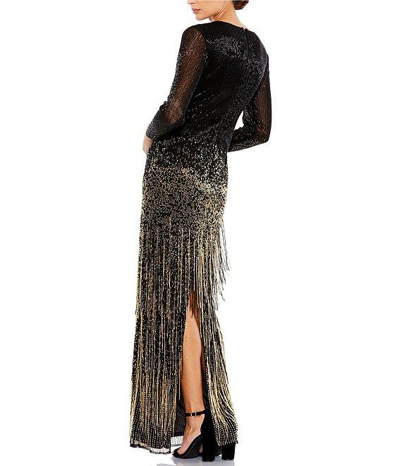 Mac Duggal Ombre Beaded Crew Neck Long Sleeve Sheath Gown Product Image