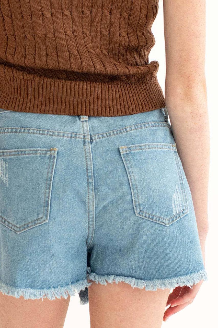 Light Wash Distressed Denim Skort Product Image