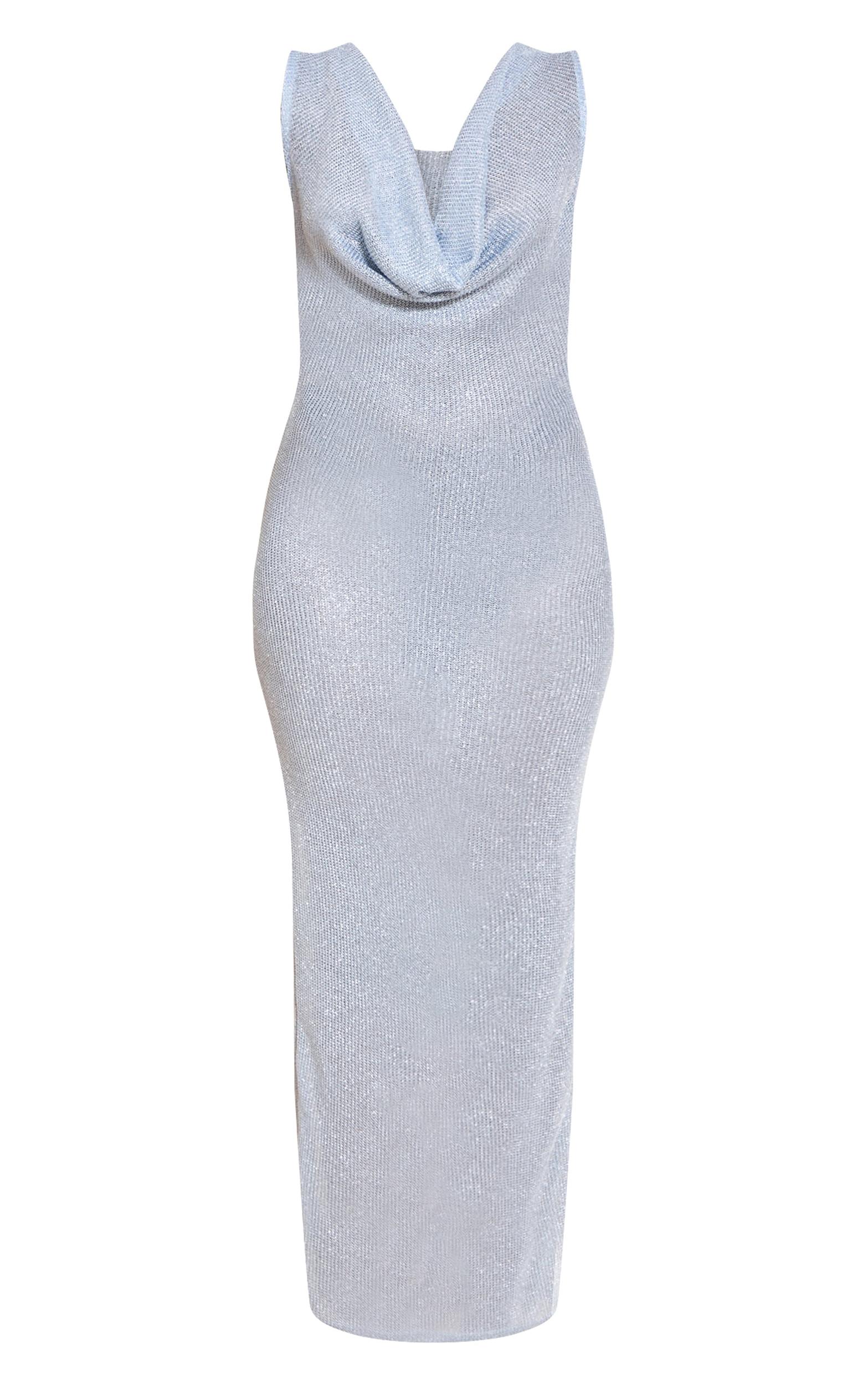 Blue Lurex Sequin Knit Cowl Neck Maxi Dress Product Image