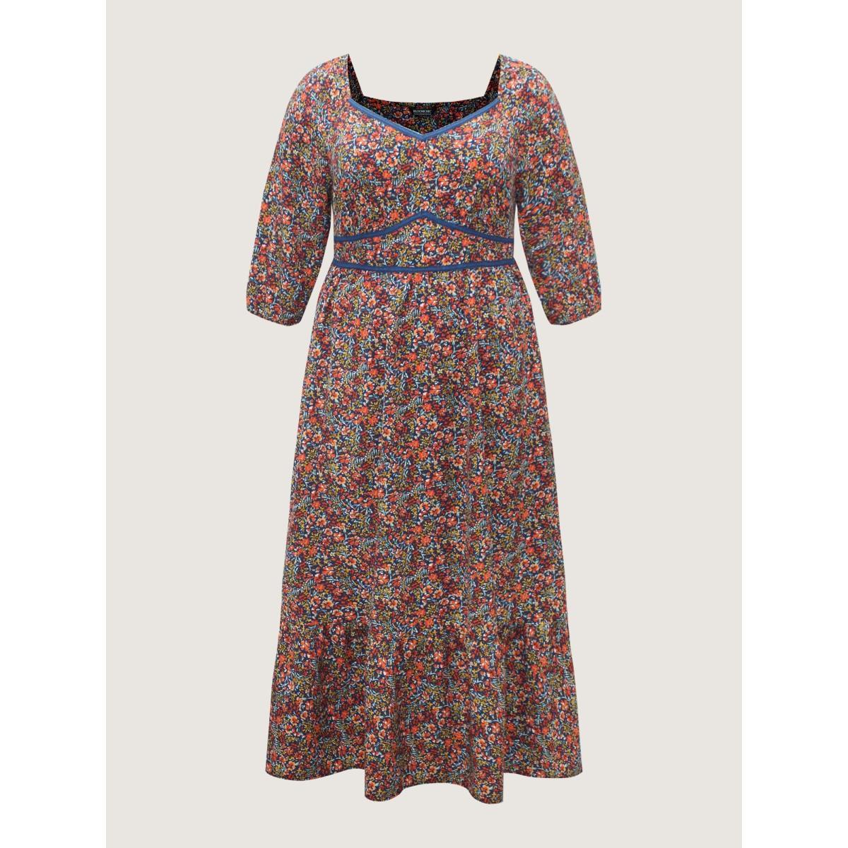 Plus Size Ditsy Floral Woven Ribbon Maxi Dress Navy Women Timeless Woven ribbon&lace trim Heart neckline Elbow-length sleeve Curvy BloomChic 18-20/2X Product Image