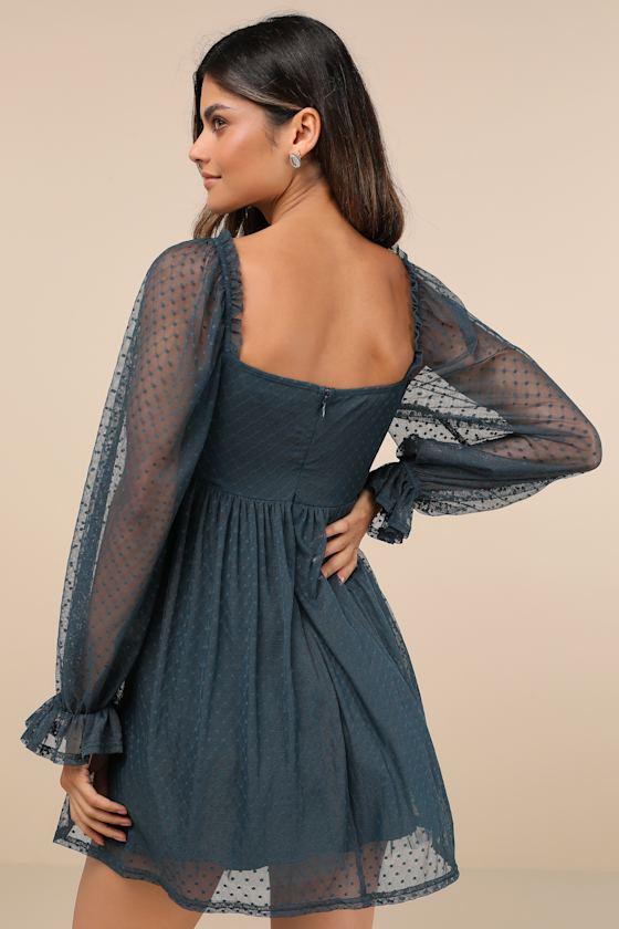 Dreamy Sweetness Dark Teal Swiss Dot Ruffled Mini Babydoll Dress Product Image