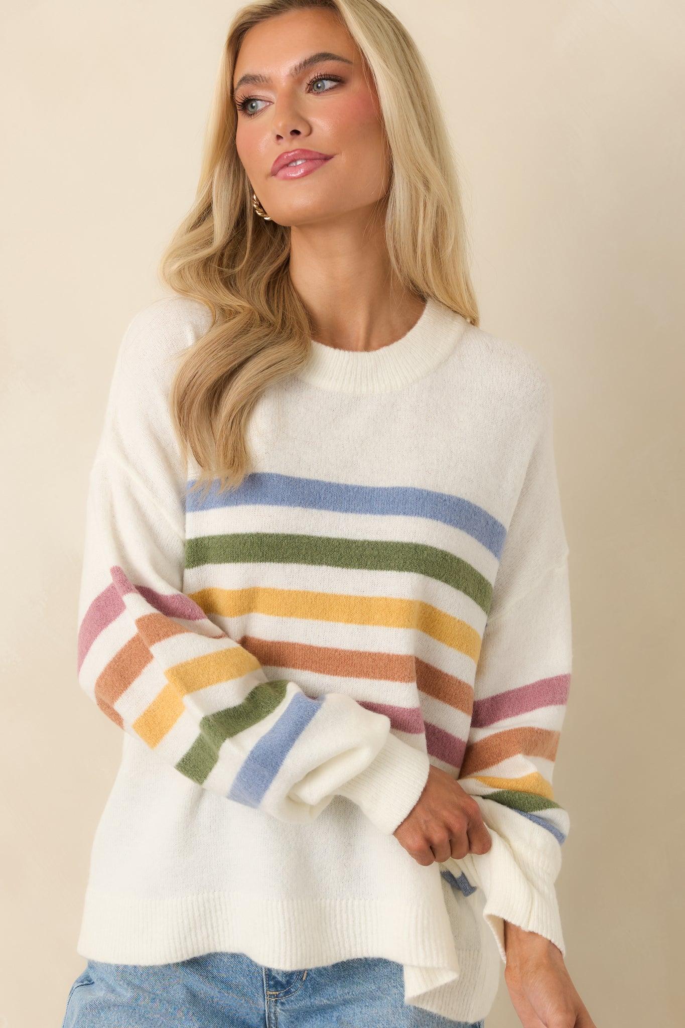 That Tracks Ivory Multi Knit Striped Crewneck Sweater Product Image