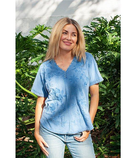 Karyn Seo Alegra Floral Embroidered Button V-Neck Dolman Short Sleeve Tee Product Image