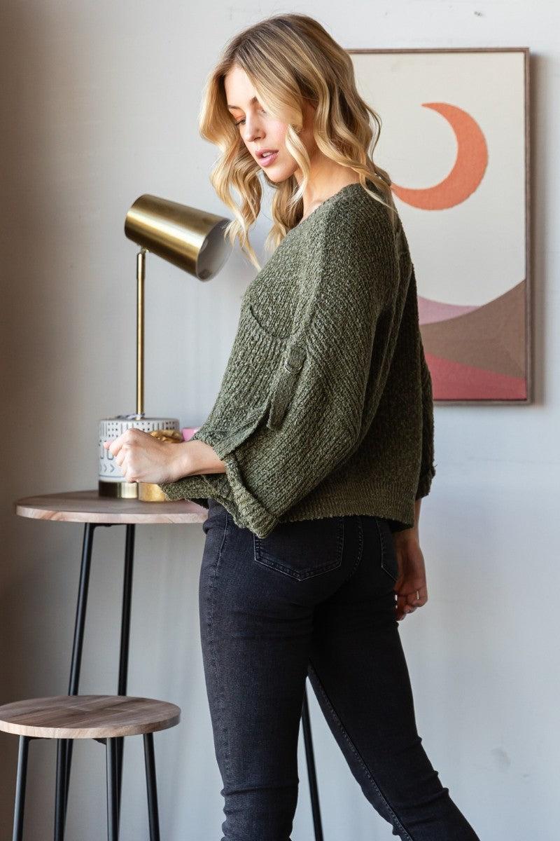 Chest Pocket Roll-Up Sweater Top Product Image