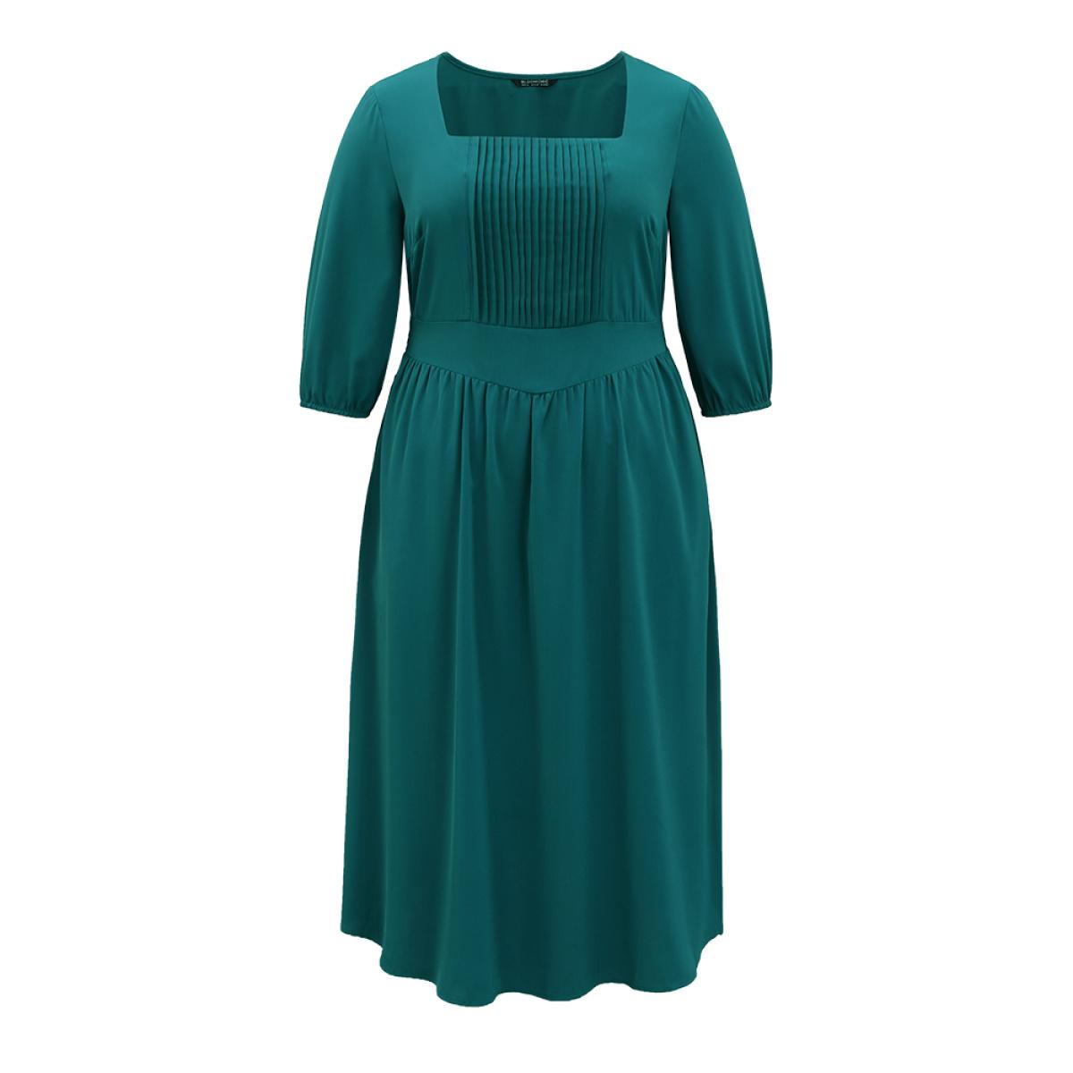 Plus Size Anti-Wrinkle Square Neck Pleated Gathered Dress Aegean Women Vacation Elastic cuffs Square Neck Elbow-length sleeve Curvy Midi Dress BloomChic 10/M Product Image