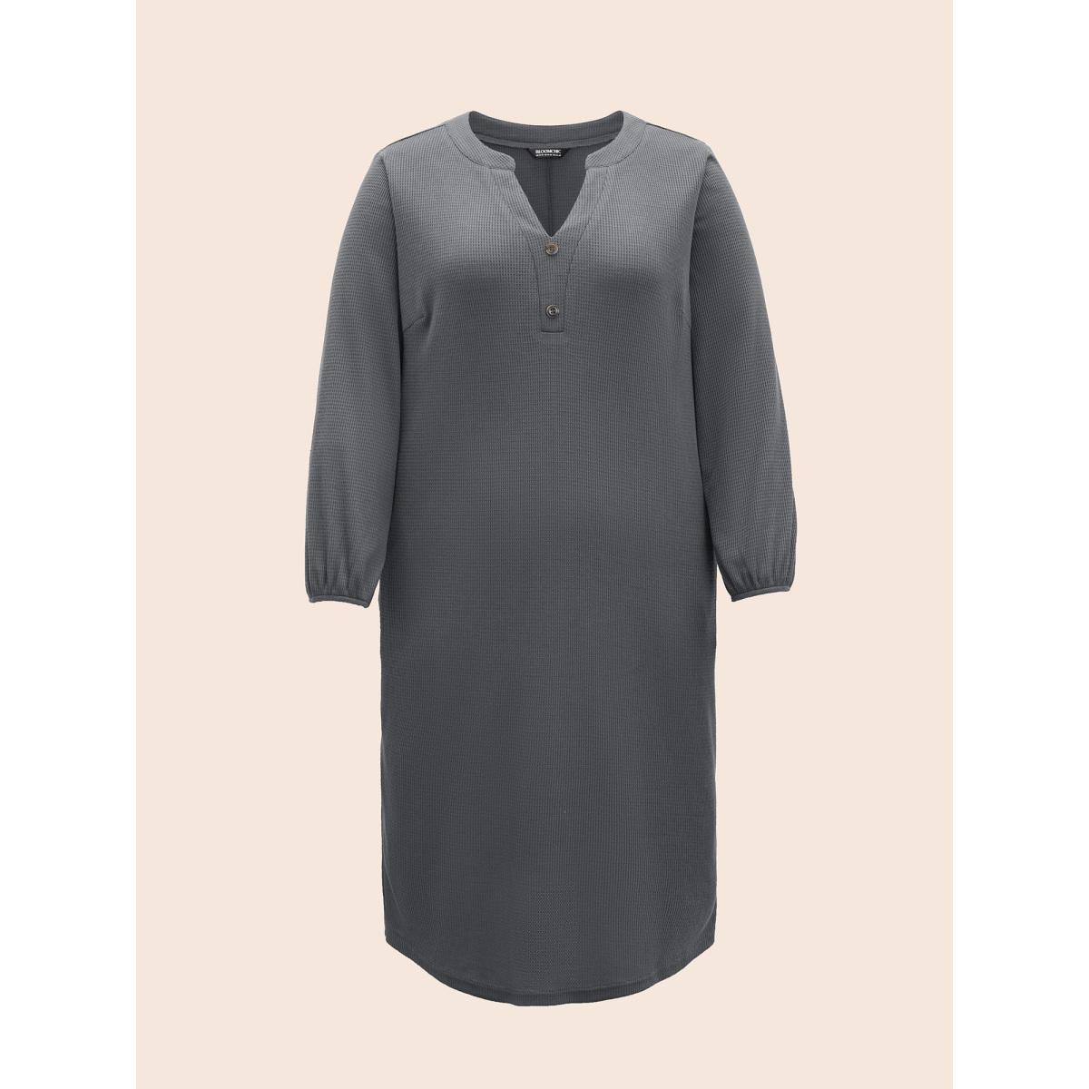 Plus Size Notched Waffle Knit Button Detail Dress DarkGray Women Casual Texture Notched collar Long Sleeve Curvy BloomChic 14-16/1X Product Image