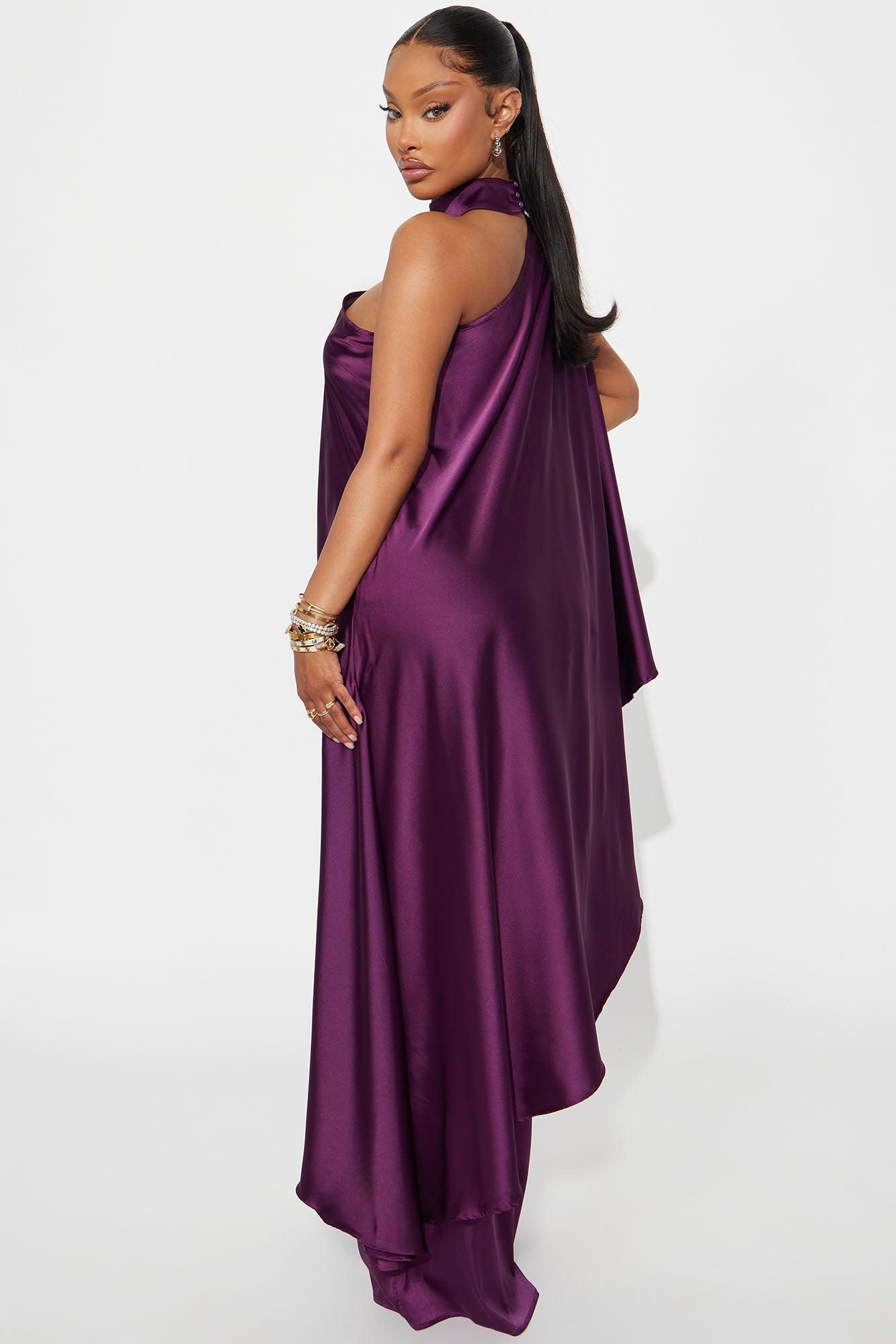Solana Satin One Shoulder Draped Pant Set - Eggplant Female Product Image