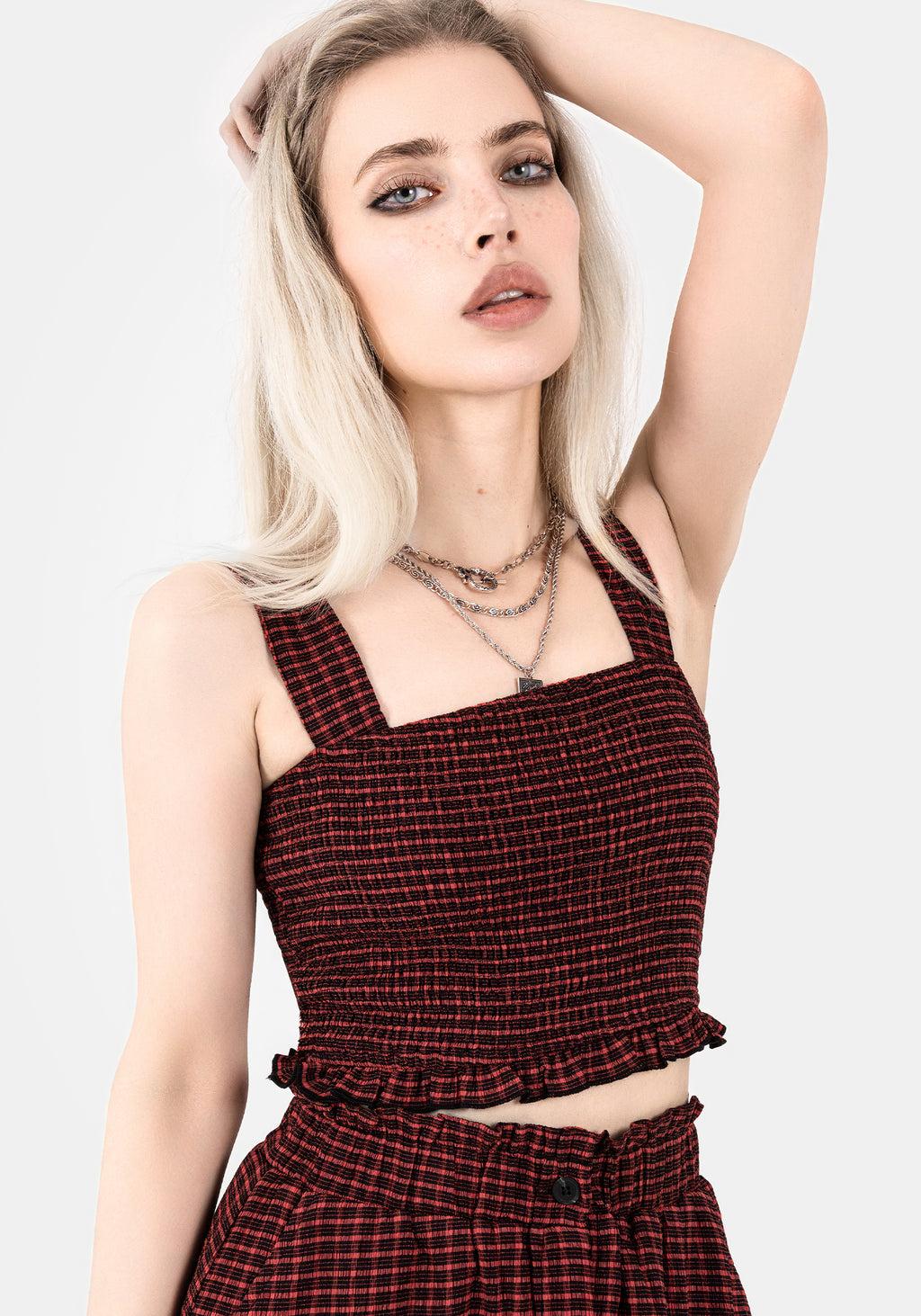 Carmine Textured Check Crop Top Product Image