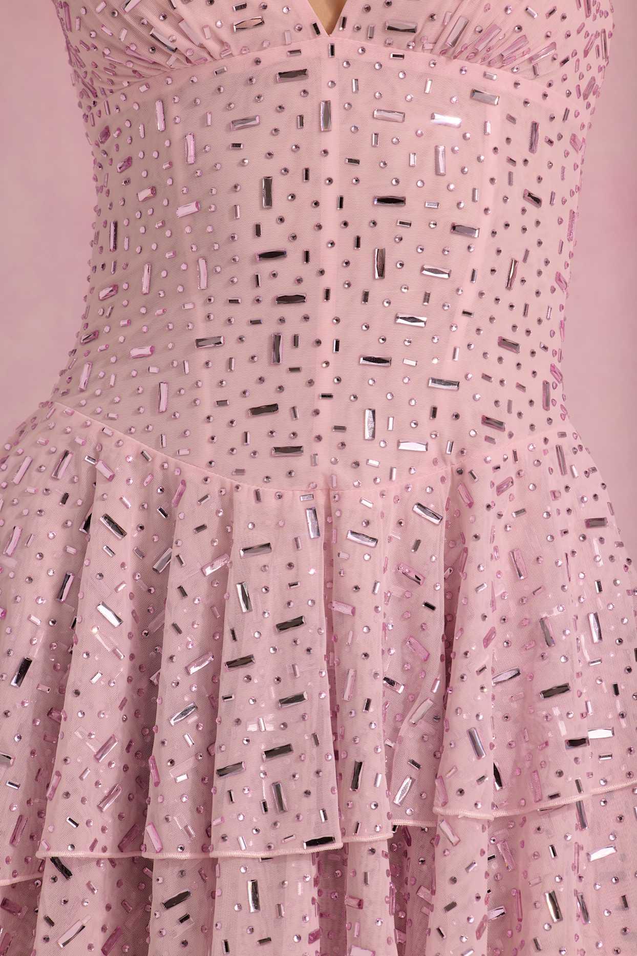 Embellished Ruffled Tiered Mini Dress in Pink Product Image