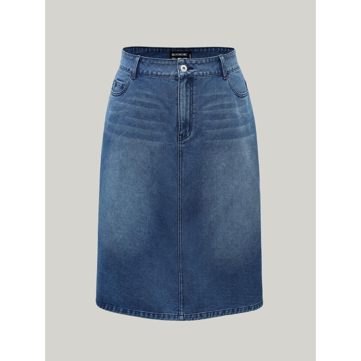 Plus Size A-Line Midi Denim Skirt Women Midblue Everyday-Casual No stretch Medium Wash 28/5X Slanted pocket Denim Skirts BloomChic Product Image