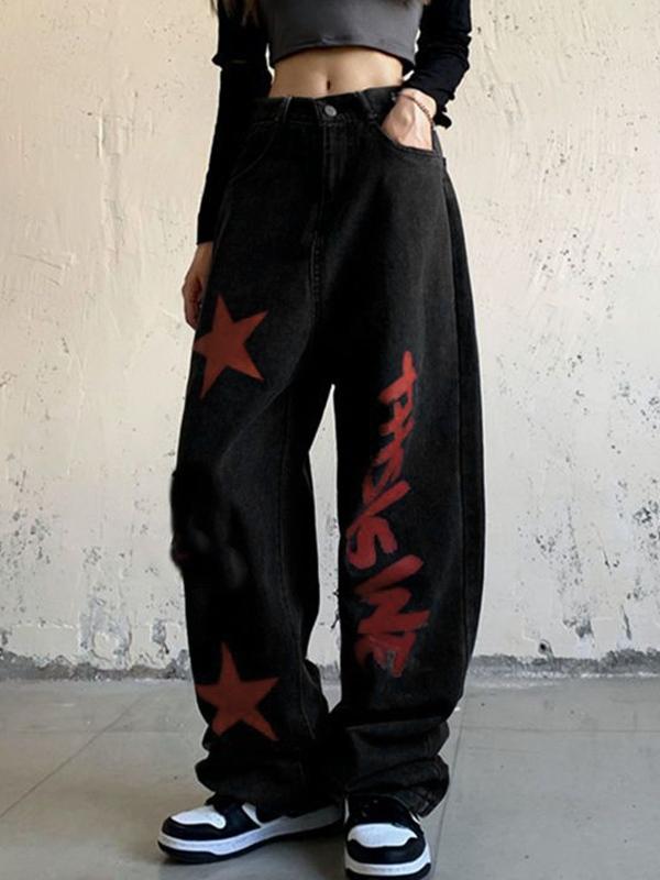 Contrast Color Print High Waist Boyfriend Jeans Product Image