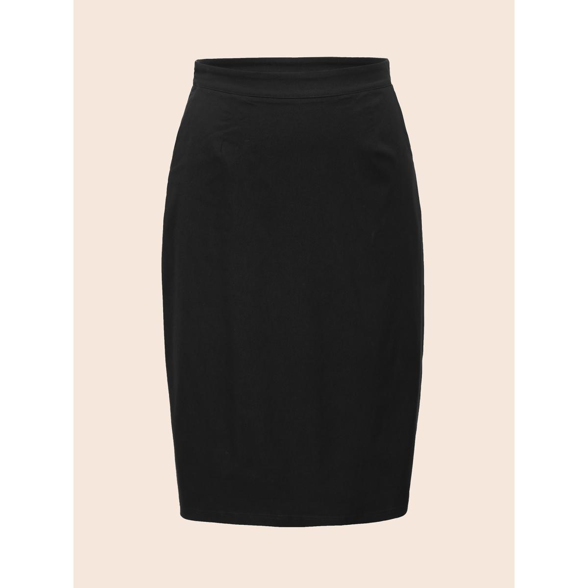 Plus Size Stretch Woven Slit Midi Skirt Women Black At the Office Non Loose Low stretch Slanted pocket Work Skirts BloomChic 10/M Product Image
