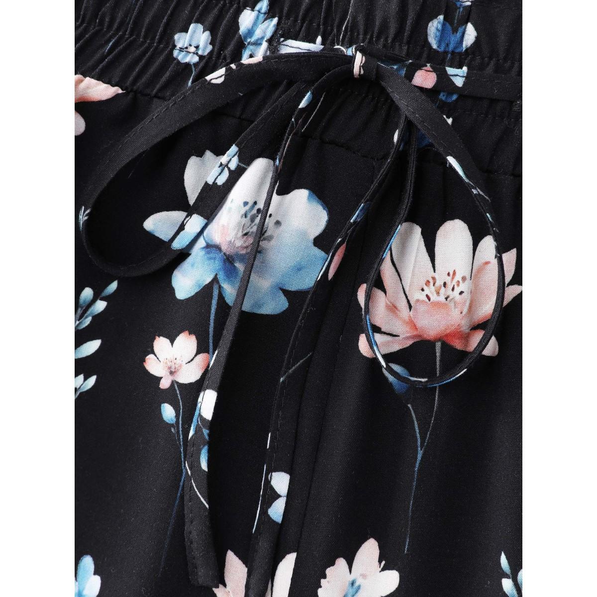 Plus Size Floral Print Drawstring Waist Loose Fit Pants Women BlackFlower Leisure Straight Leg Mid Rise Casual Pants BloomChic 18-20/2X Product Image