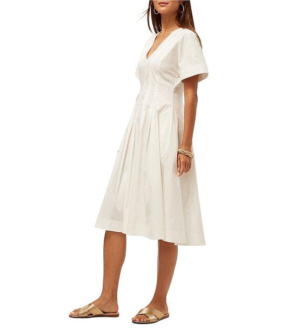 Trina Turk Ashe Poplin V-Neck Short Sleeve Fit-And-Flare Midi Dress Product Image