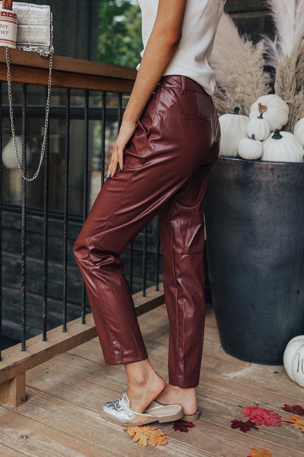 The Catalina High Waist Faux Leather Pants in Dark Rustic Rose Product Image
