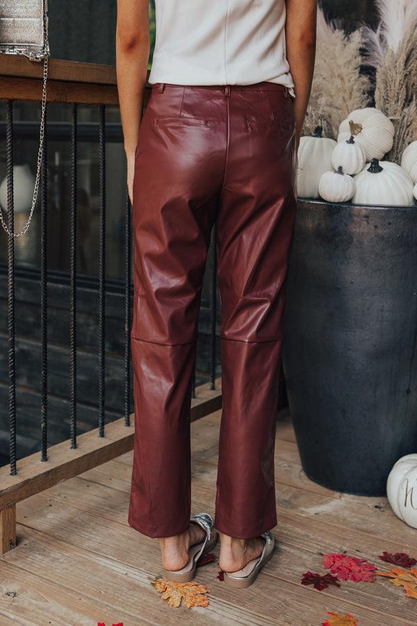 The Catalina High Waist Faux Leather Pants in Dark Rustic Rose Product Image