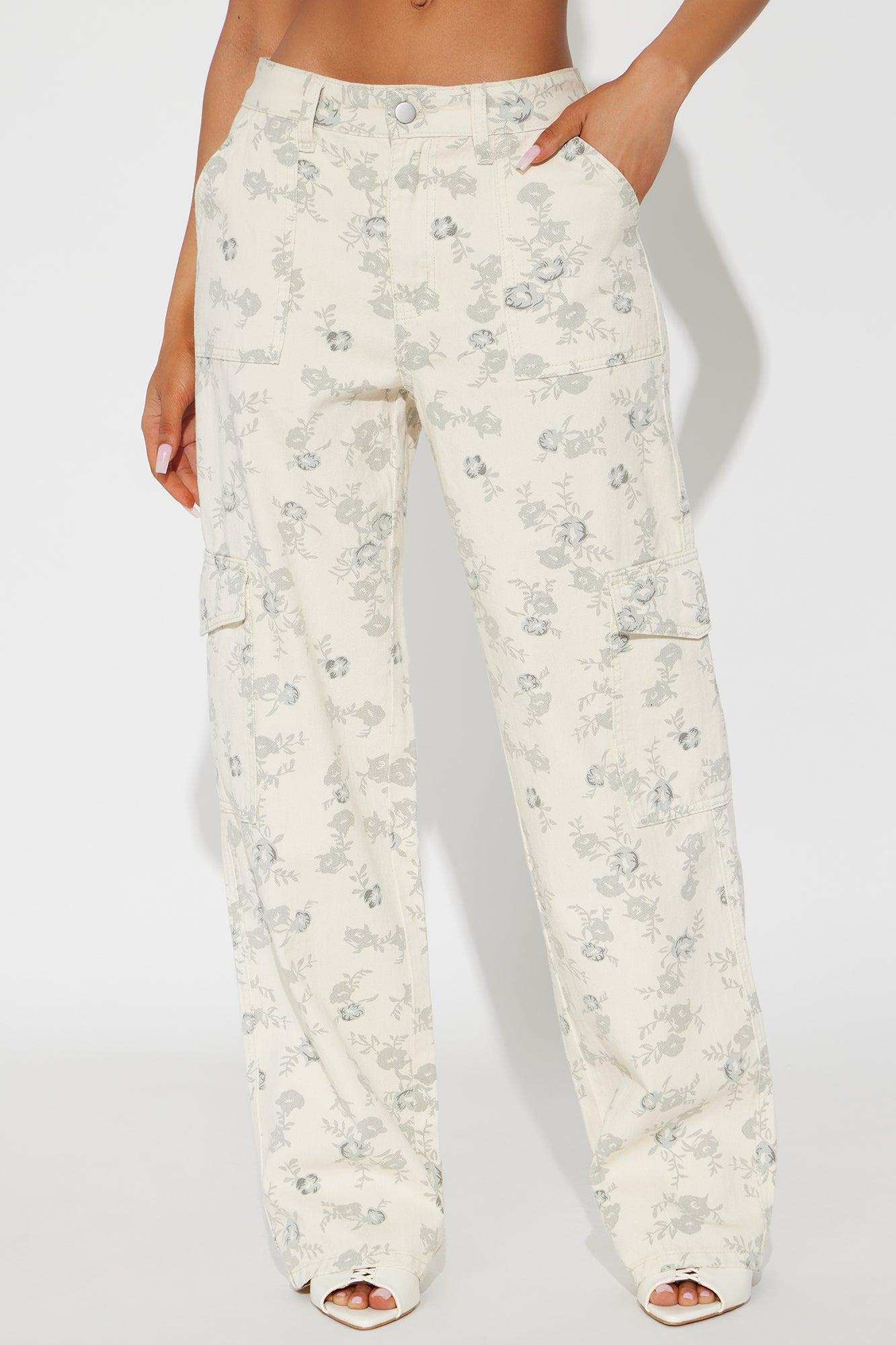 Budding Artist Printed Stretch Cargo Straight Leg Jeans - Ivory Product Image