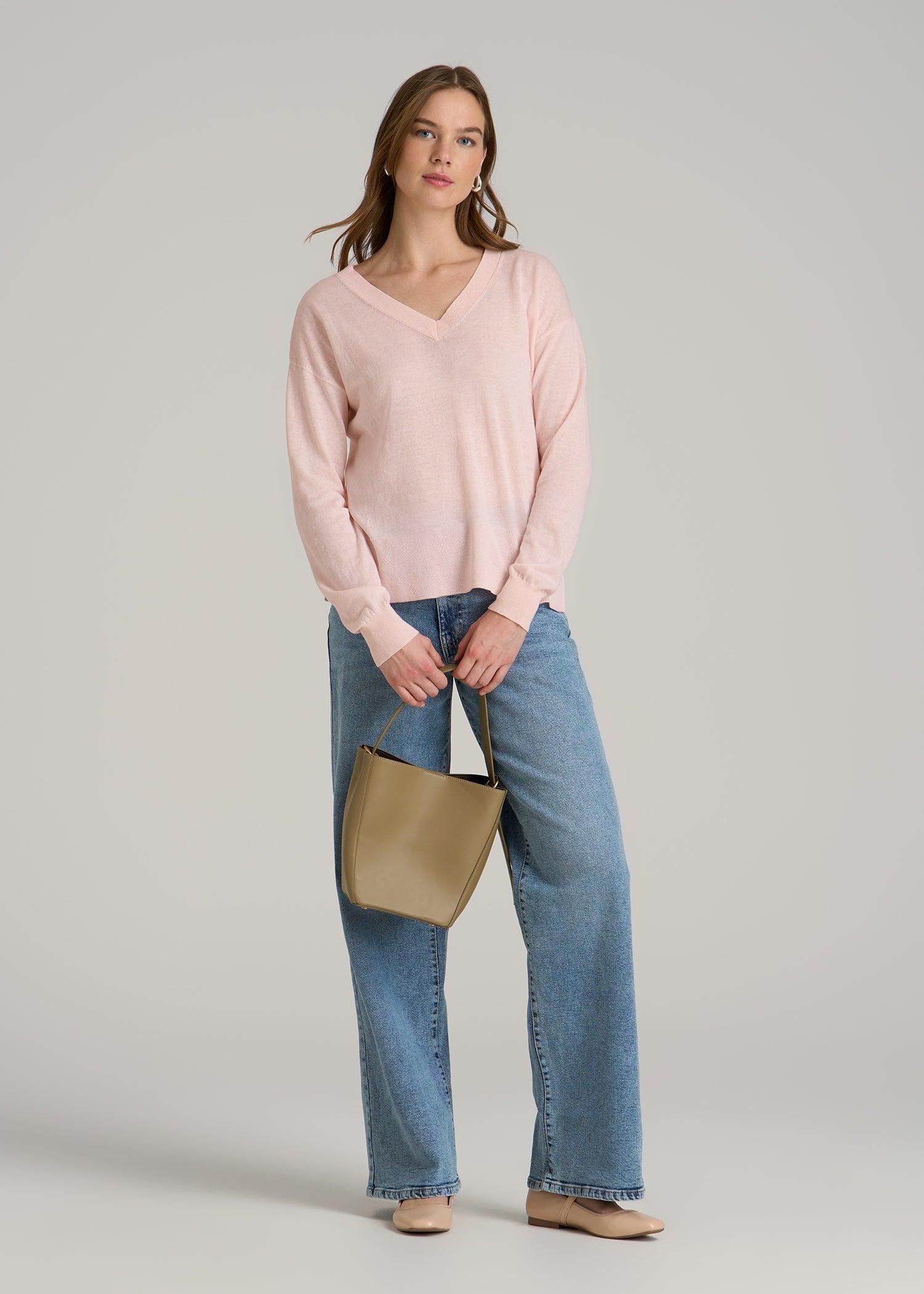 Linen Blend Split Hem V-Neck Sweater for Tall Women in Hush Pink Female Product Image