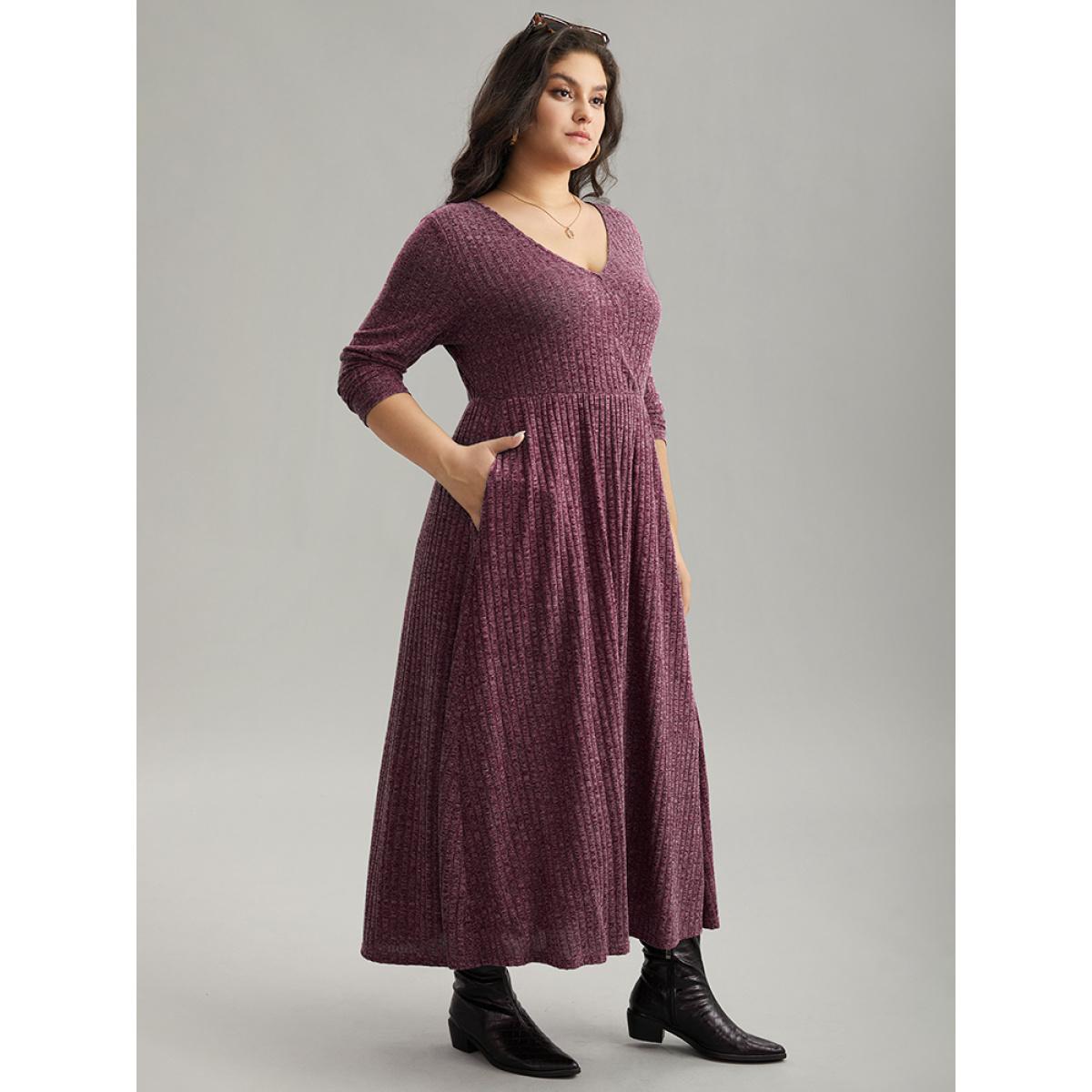 Plus Size Solid Rib Knit Overlap Collar Pocket Dress Purple Women Casual Texture Overlap Collar Long Sleeve Curvy Midi Dress BloomChic 14-16/1X Product Image
