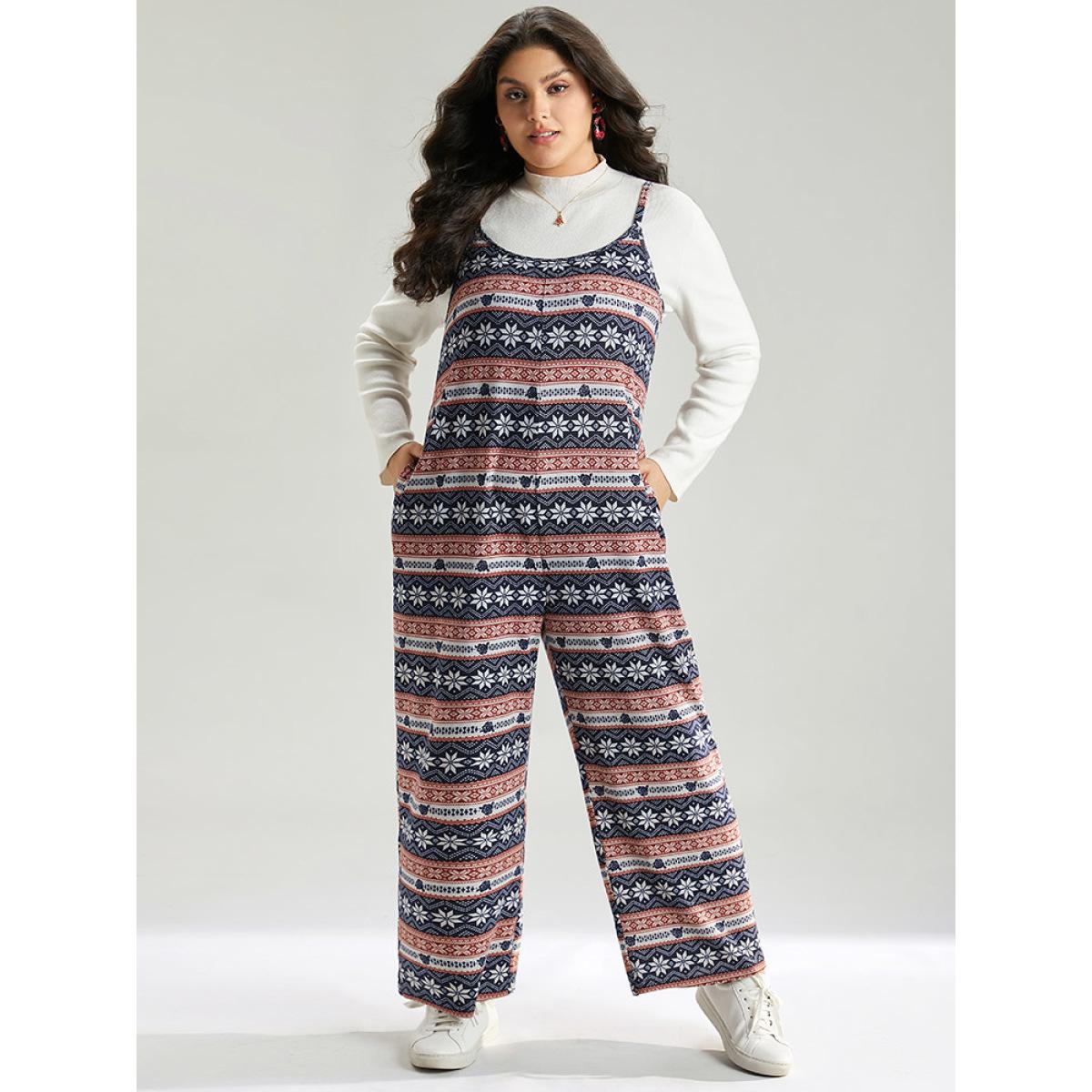 Plus Size DarkBlue Snowflake Graphic Pocket Overall Cami Jumpsuit Women Elegant Sleeveless Spaghetti Strap Dailywear Loose Jumpsuits BloomChic 10/M Product Image