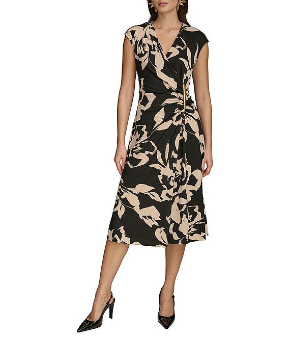 Donna Karan Jersey V-Neck Sleeveless Ruched Gold Broach Midi Sheath Dress Product Image
