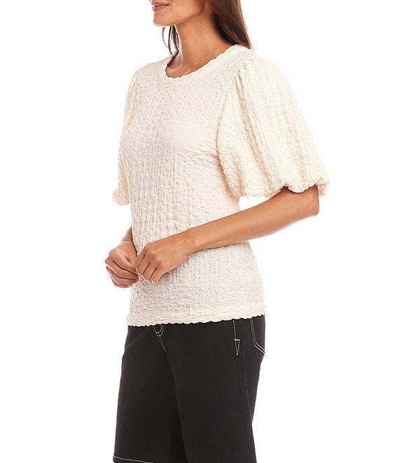 Karen Kane Petite Size Bubble Textured Crew Neck Elbow Puff Sleeve Top Product Image