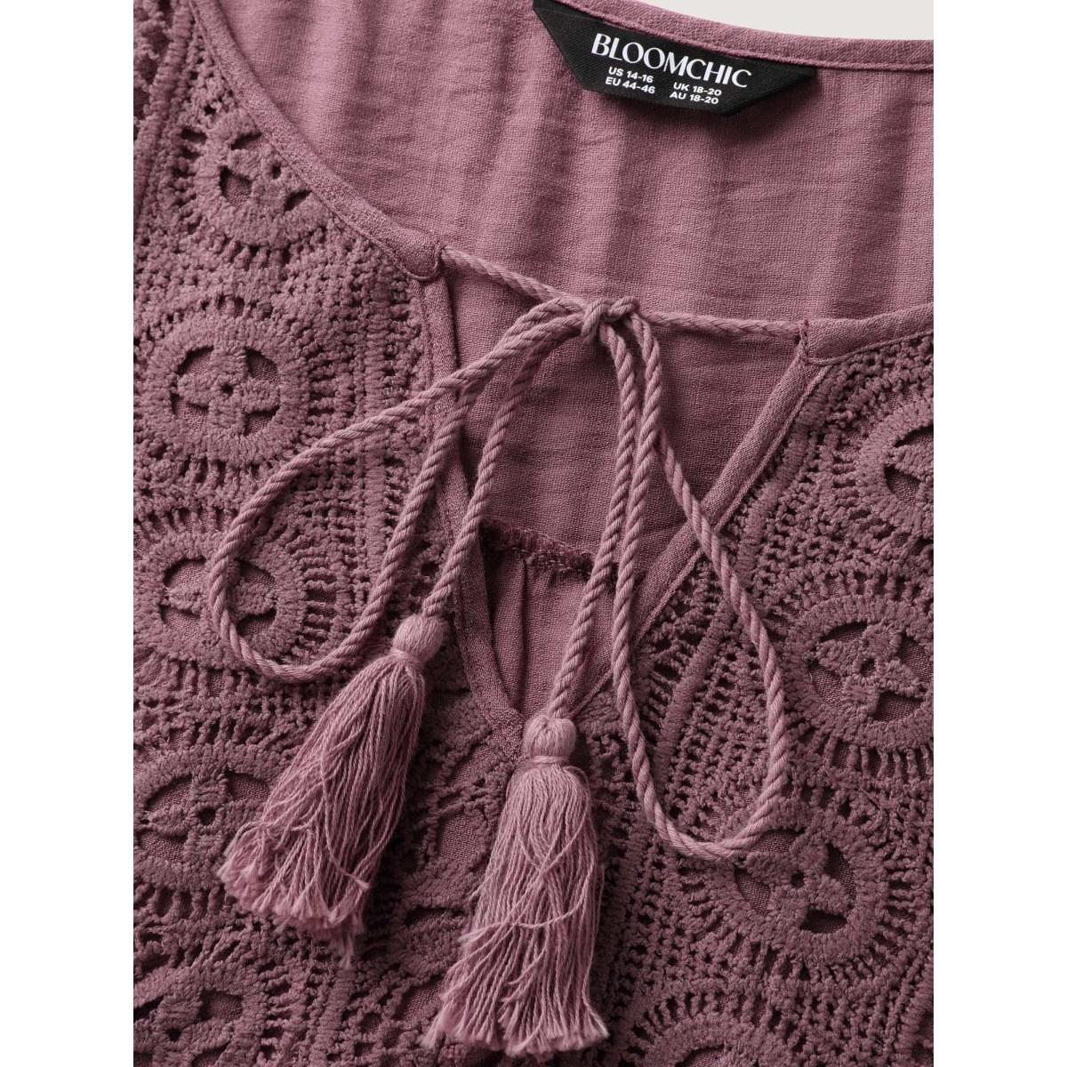 Plus Size Mauve Lace Neck Tie Flowy Solid Blouse Women Boho Elbow-length sleeve V-neck Vacation Blouses BloomChic 10/M Product Image