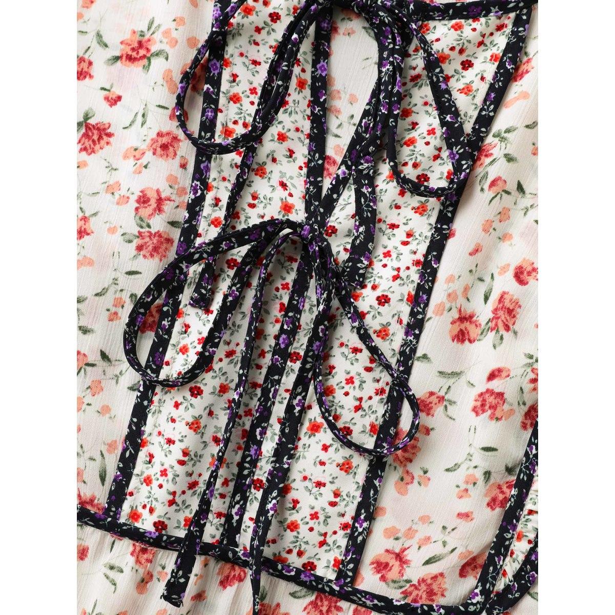 Plus Size Multicolor Floral Panel Ruffled Sleeve Blouse Women Romantic Cap Sleeve V-neck Elegant Blouses BloomChic 10/M Product Image