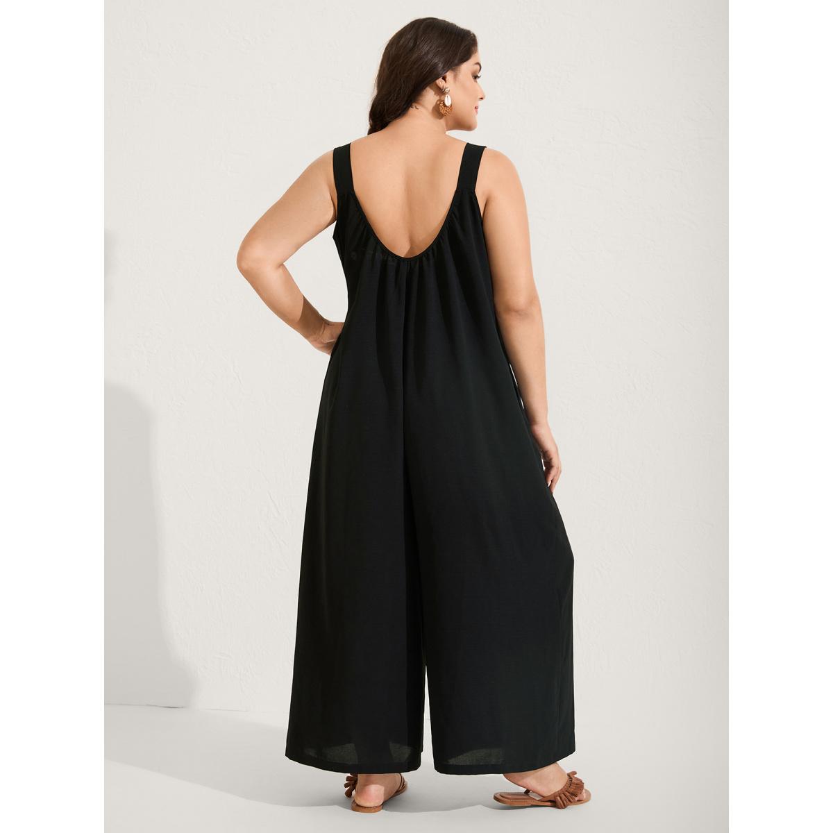 Plus Size Black Crochet Floral Backless Neck Cut-Out Jumpsuit Women Boho Sleeveless V-neck Vacation Loose Jumpsuits BloomChic 30/6X Product Image