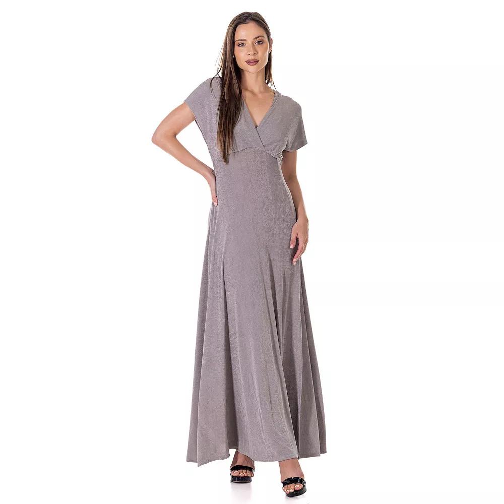 Women's 24Seven Comfort Apparel Flutter Sleeve Metallic Knit Maxi Dress Front Slit Empire Waist,  Product Image