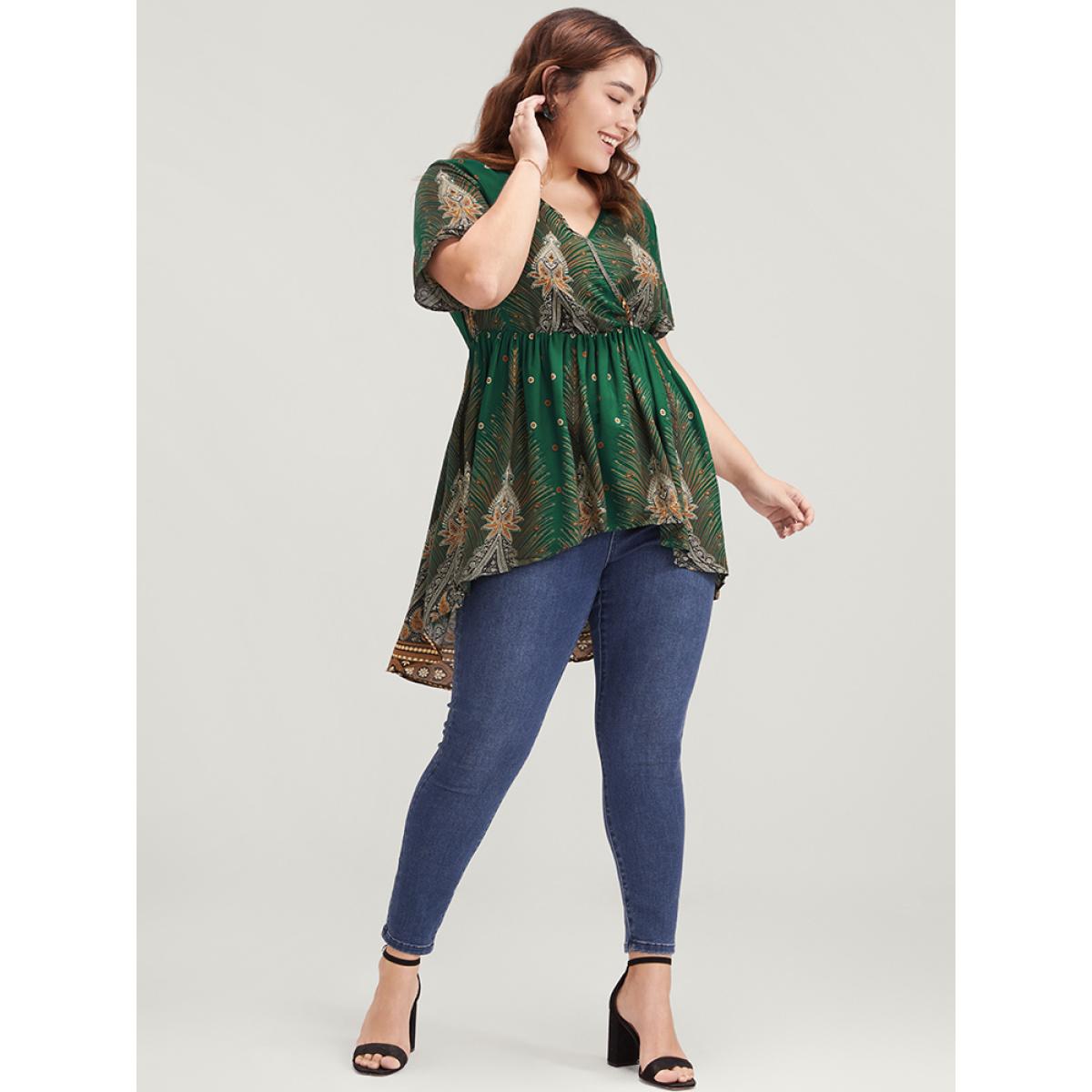 Plus Size Green Bandana High Low Hem Flutter Wrap Blouse Women Vacation Short sleeve V-neck Dailywear Blouses BloomChic 18-20/2X Product Image