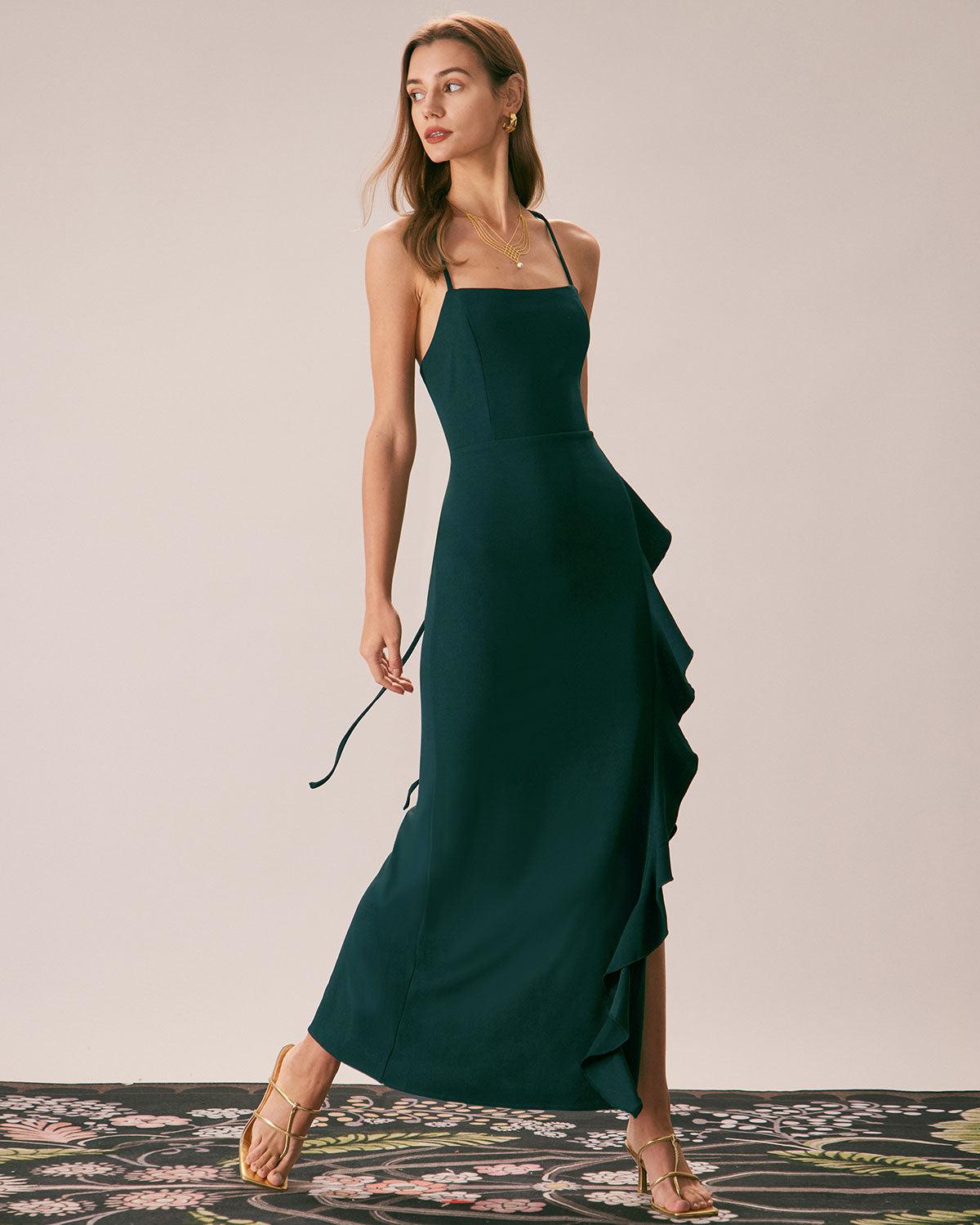 The Green Ruffle Cross Back Strap Maxi Dress Product Image