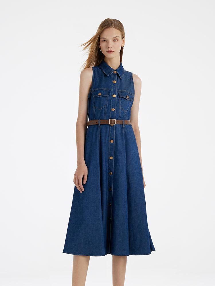 Denim Lapel Women Midi Vest Dress With Belt Product Image