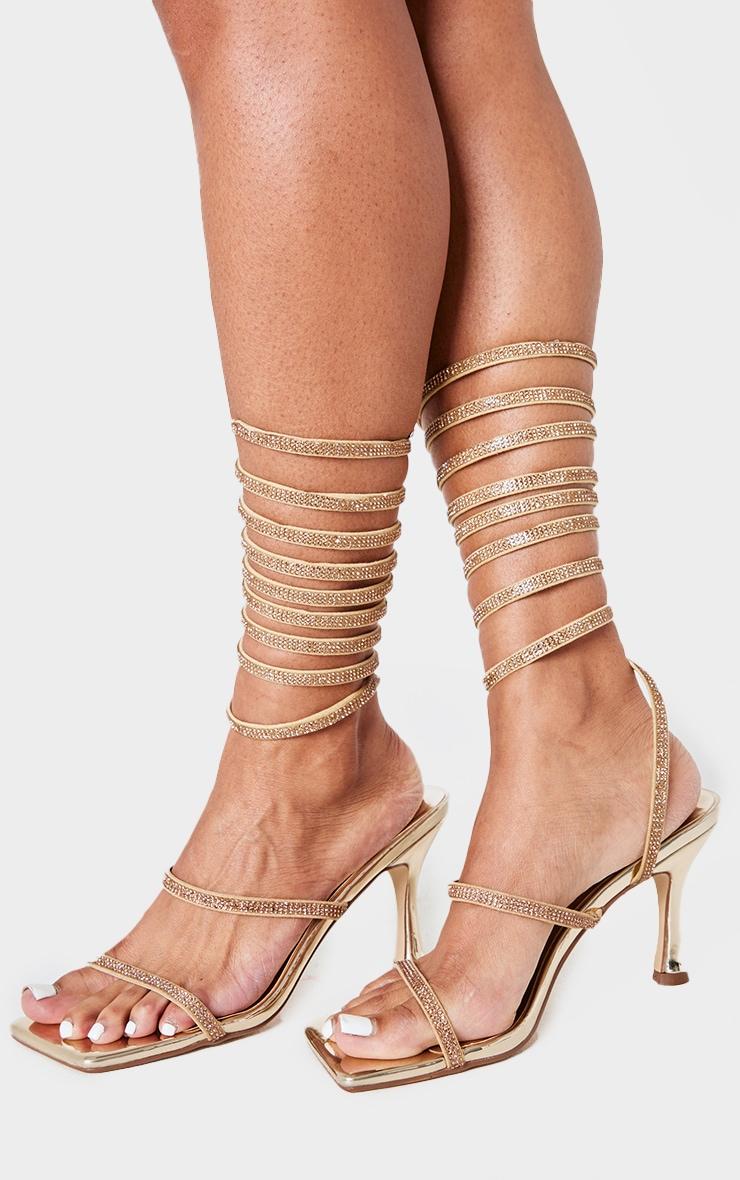 Gold PU Square Toe Diamante Spiral Mid Stiletto Heeled Sandals Product Image