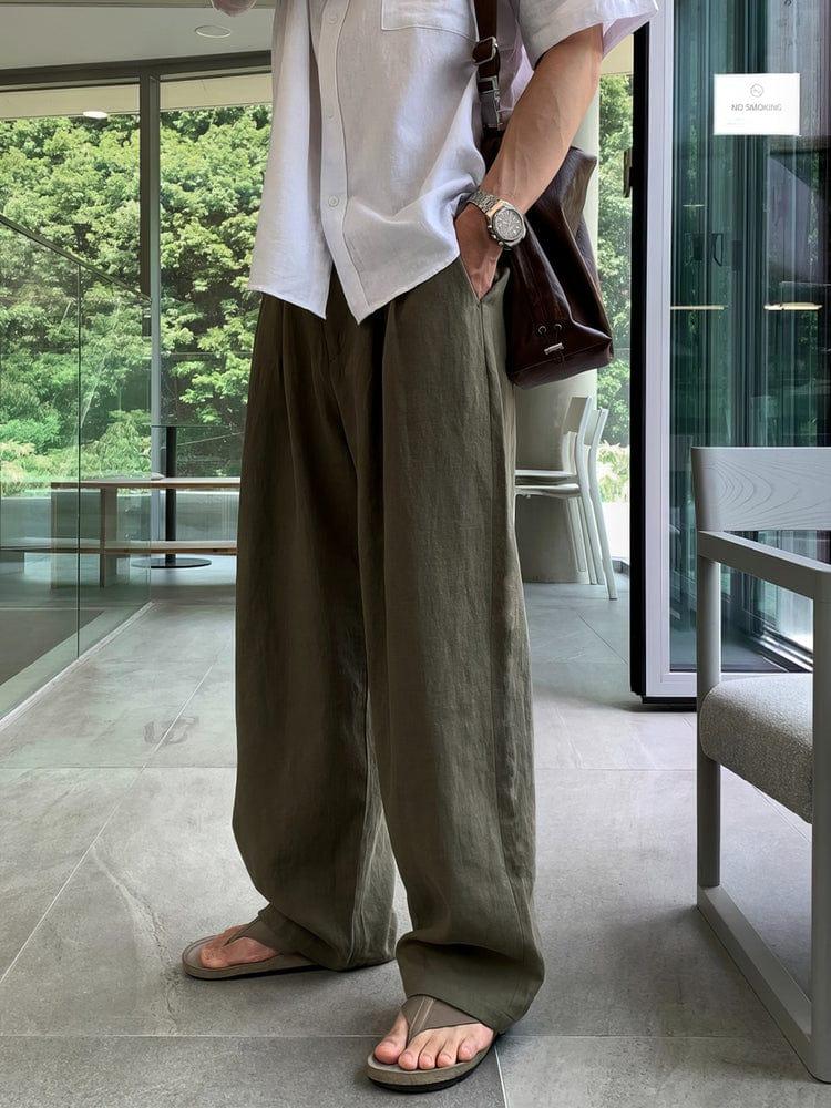 RT No. 12684 LINEN PLEATED FOLDED STRAIGHT PANTS Product Image