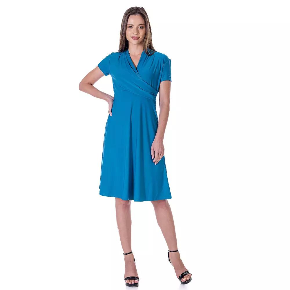 Women's 24Seven Comfort Apparel Short Sleeve Knee Length V Neck Rouched Wrap Dress, Size: XL, Blue Product Image