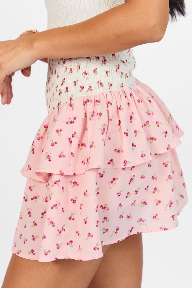 Special Day Ivory and Pink Multi Floral Color Block Tiered Skort FINAL SALE Product Image