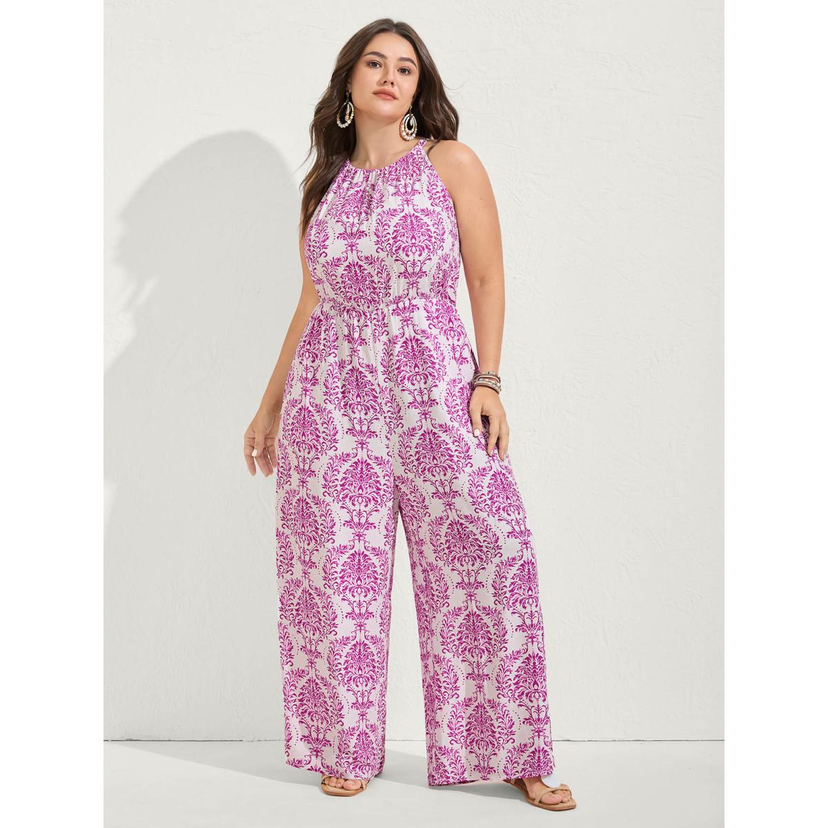 Plus Size Lilac Rayon Damask Print Stretchy Waist Jumpsuit Women Boho Sleeveless Halter neck Vacation Loose Jumpsuits BloomChic 22-24/3X Product Image