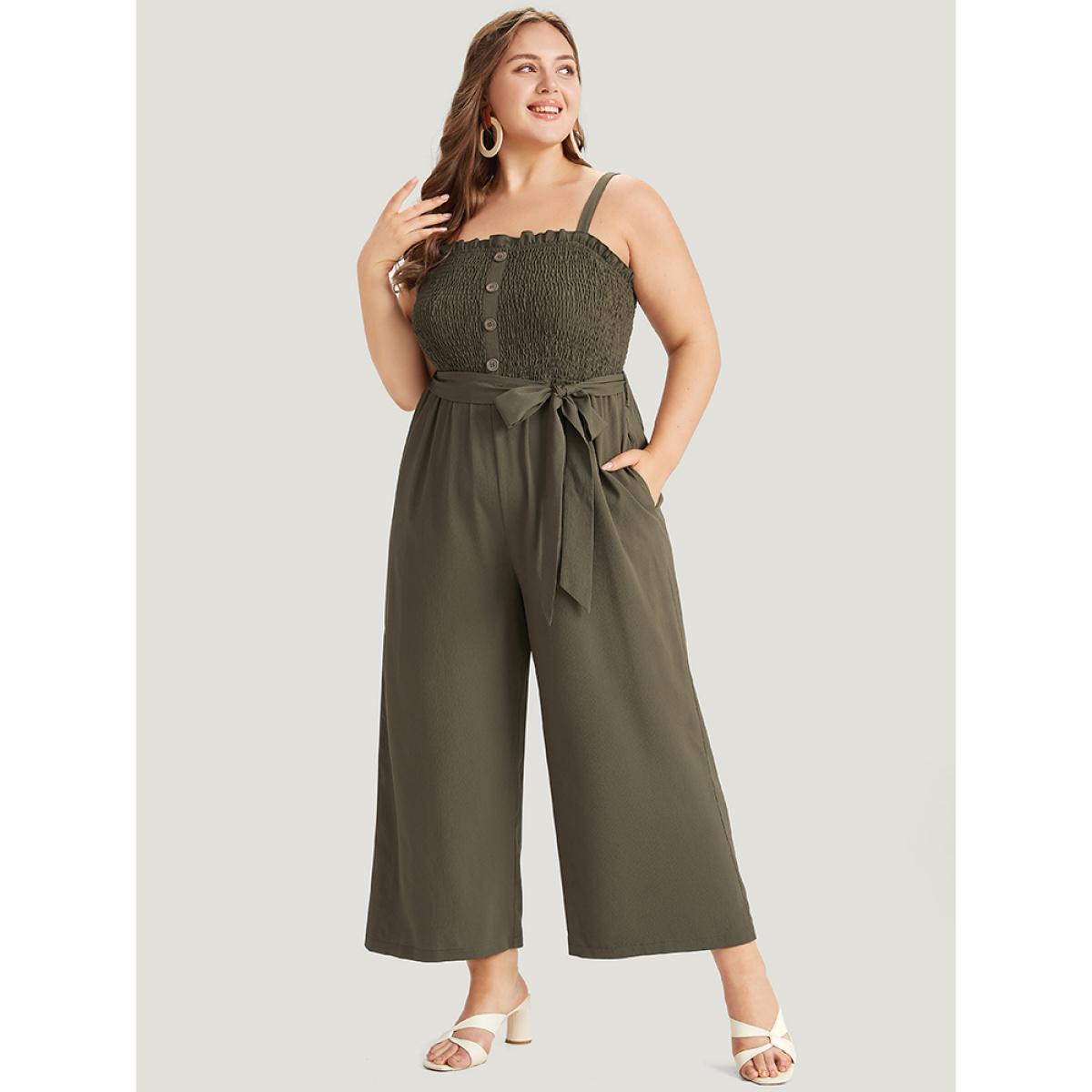 Plus Size ArmyGreen Shirred Frill Trim Belted Button Detail Cami Jumpsuit Women Elegant Sleeveless Square Neck Dailywear Loose Jumpsuits BloomChic 14-16/1X Product Image