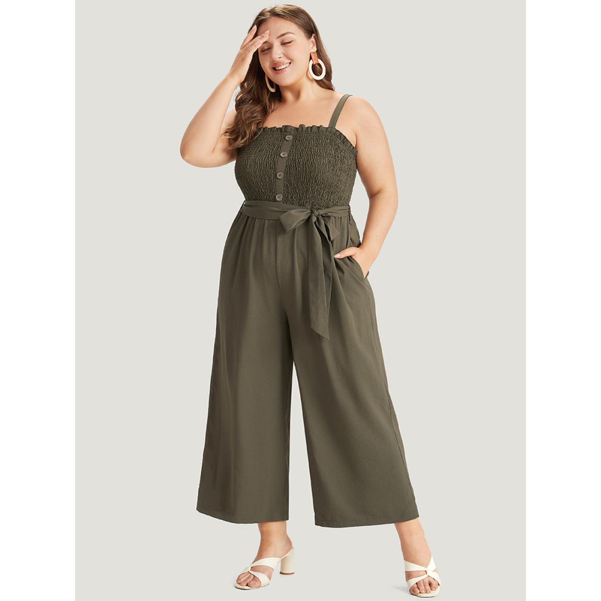Plus Size ArmyGreen Shirred Frill Trim Belted Button Detail Cami Jumpsuit Women Elegant Sleeveless Square Neck Dailywear Loose Jumpsuits BloomChic 14-16/1X Product Image