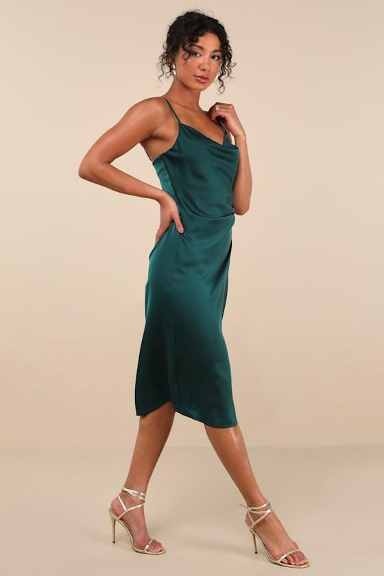 Hollywood Woman Forest Green Satin Midi Dress Product Image