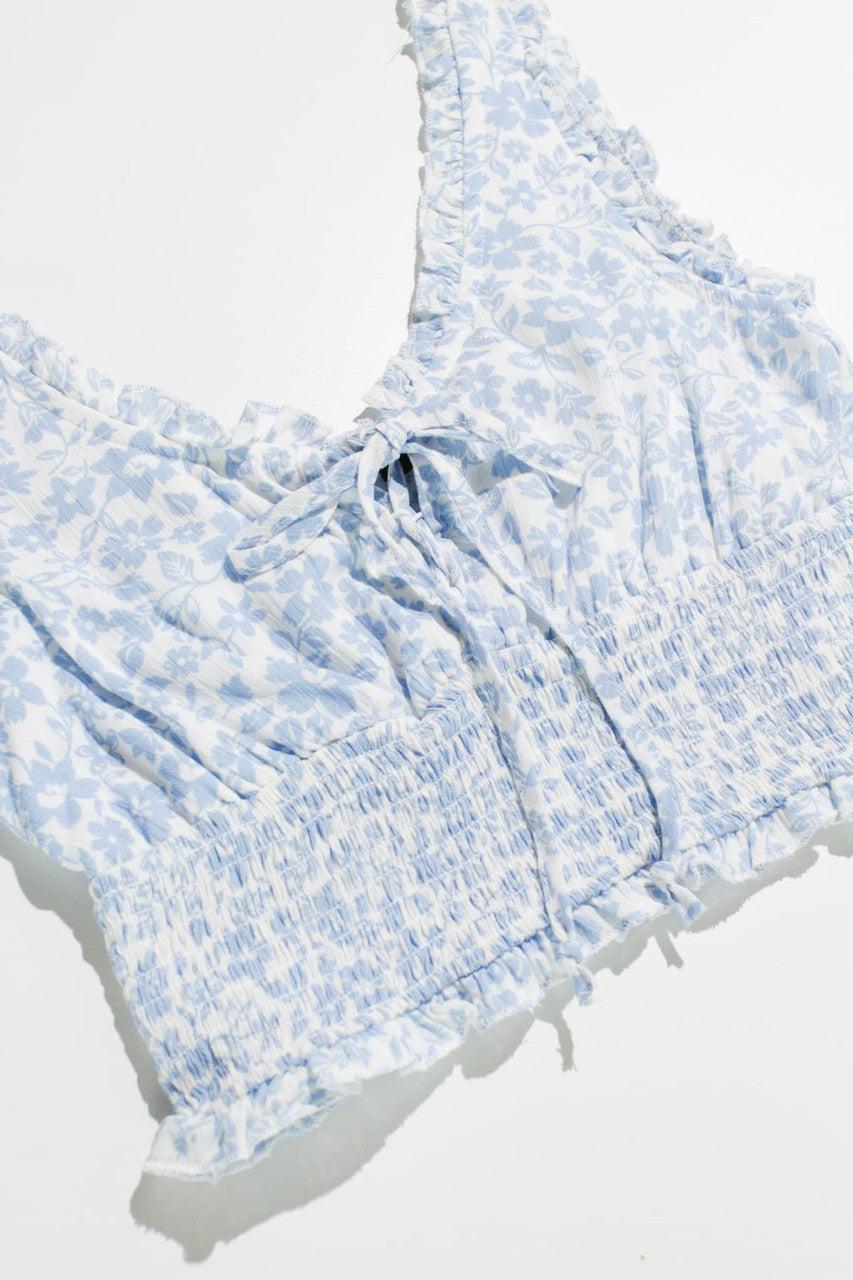 Blue Gauze Floral Smock Waist Top Product Image