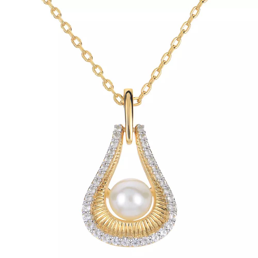 PearLustre by Imperial 14k Gold Over Silver Freshwater Cultured Pearl & Lab-Created White Sapphire Door Knocker Pendant Necklace, Womens, Gold Tone Product Image