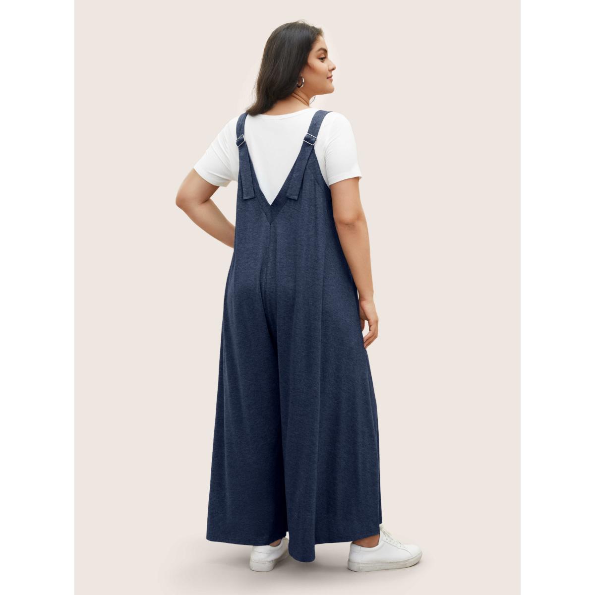 Plus Size Navy Supersoft Essentials Solid Pocket Adjustable Straps Jumpsuit Women Leisure Sleeveless Non Casual Loose Jumpsuits BloomChic 26/4X Product Image