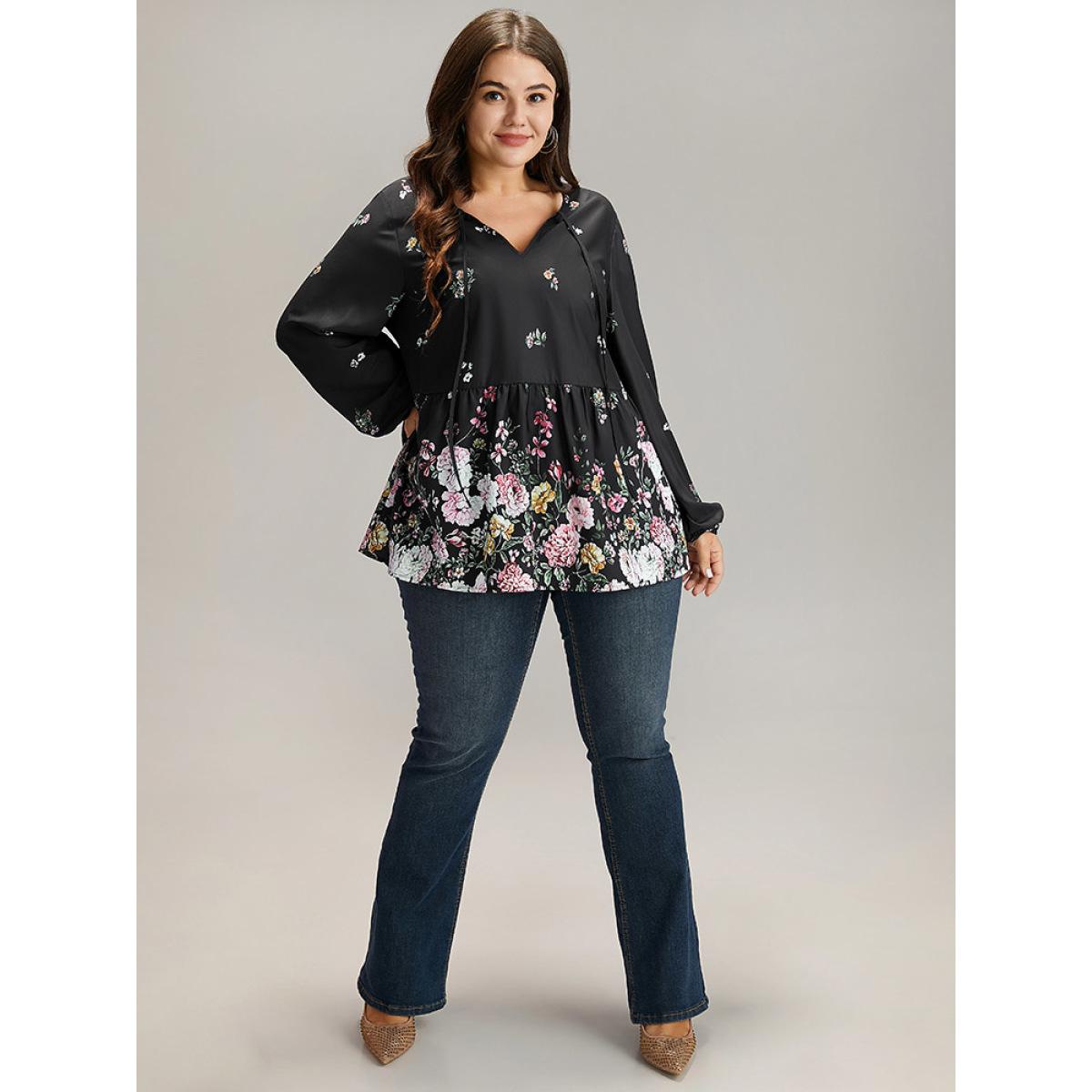 Plus Size BlackFlower Floral Print Tie Neck Blouse Women Elegant Long Sleeve V-neck Dailywear Blouses BloomChic 18-20/2X Product Image