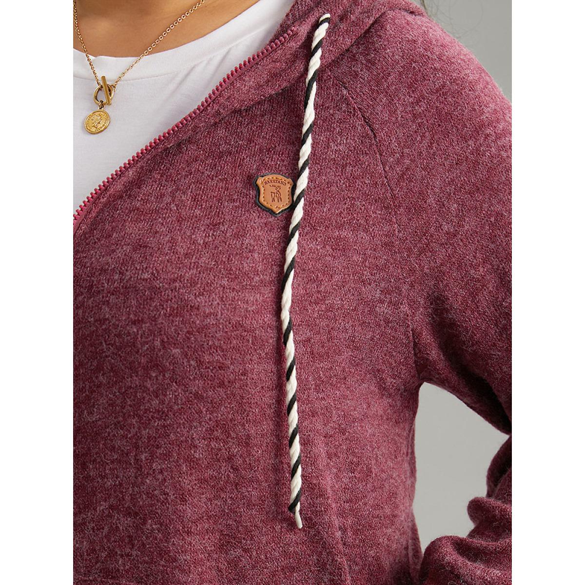 Plus Size Solid Badge Trim Drawstring Zipper Jacket Women Burgundy Zipper Pocket Dailywear Jackets BloomChic 22-24/3X Product Image