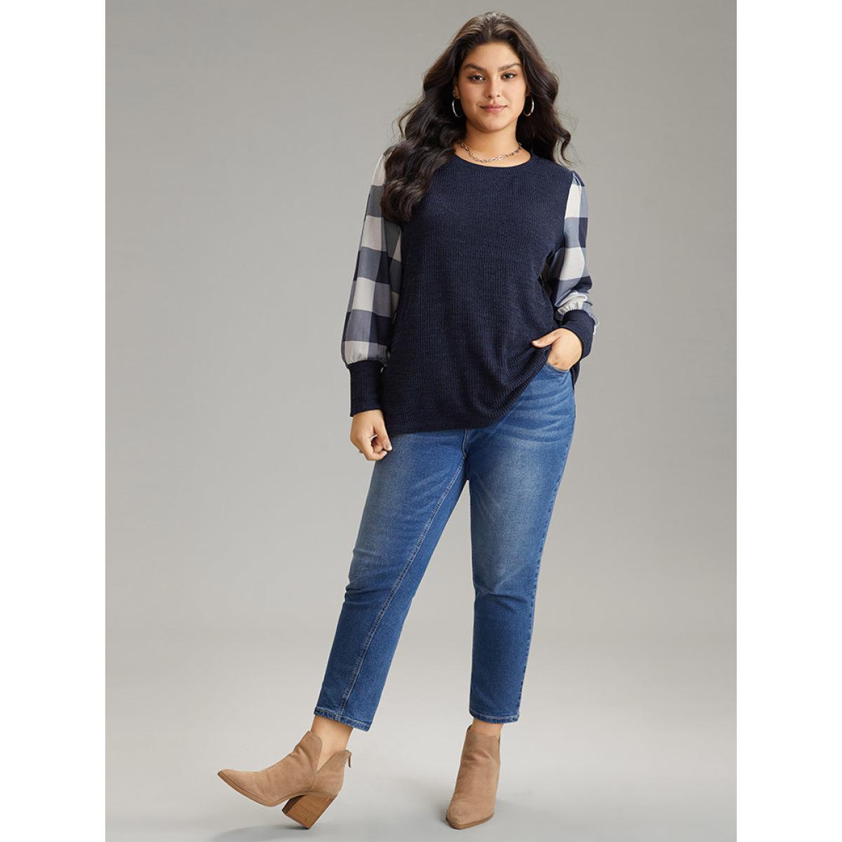 Plus Size Rib Knit Plaid Patchwork Plisse Sweatshirt Women Indigo Casual Heather Round Neck Dailywear Sweatshirts BloomChic 30/6X Product Image