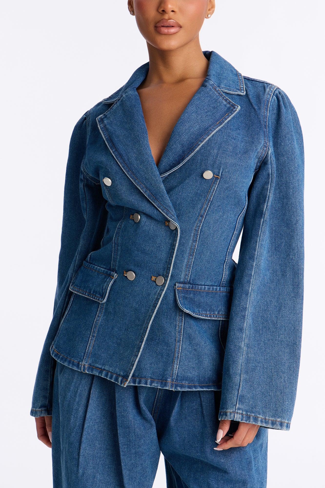 Clara Washed Denim Blazer Pant Set - Medium Wash Female Product Image