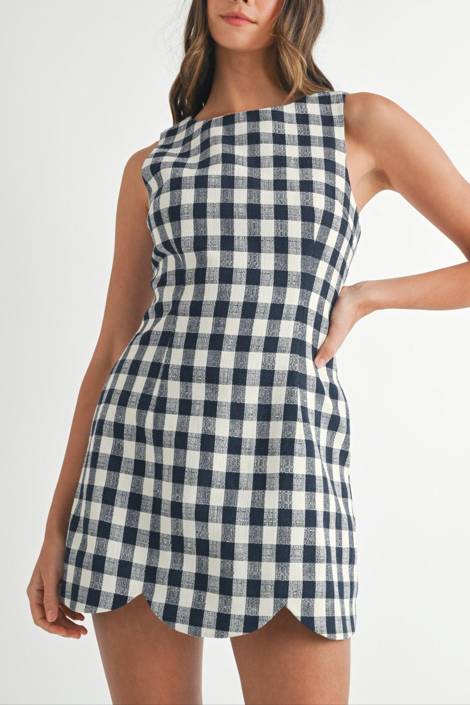 Gingham Scallop-Hem Mini Dress Product Image