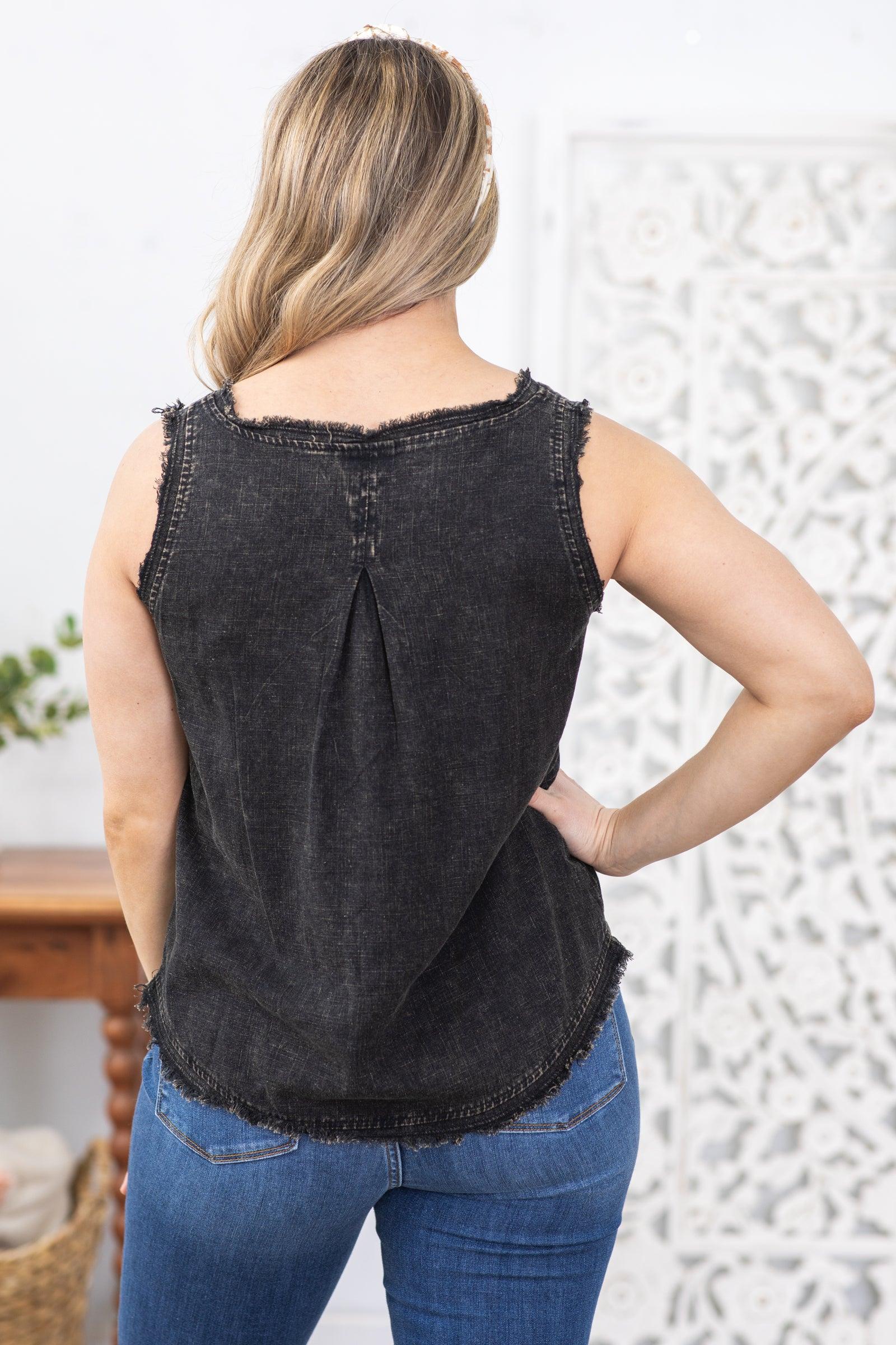 Black Washed Linen Frayed V-Neck Top Product Image